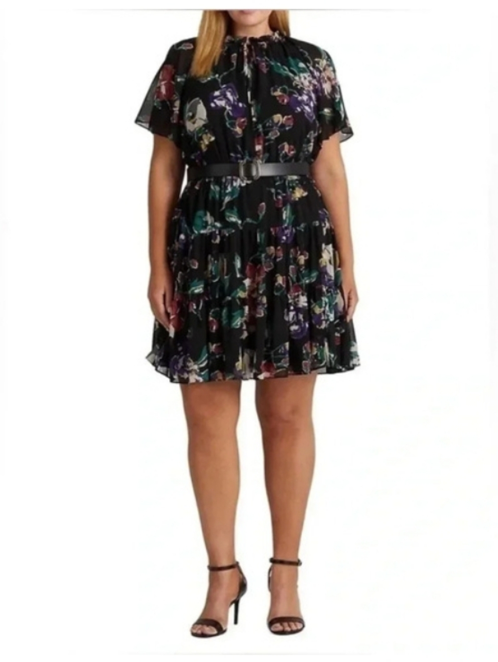 NWOT Lauren Ralph Lauren Sz 14 Black Floral Short Sleeve Pleated  Dress